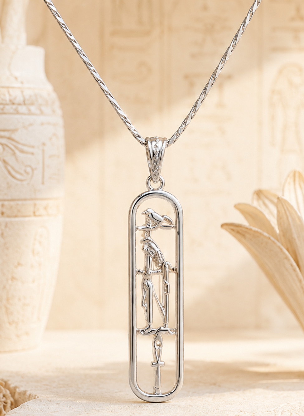 Sterling Silver Egyptian Cartouche Pendant Hieroglyphic Necklace Prosperity